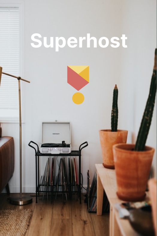 Superhost badge with the apartment's interior in the background.